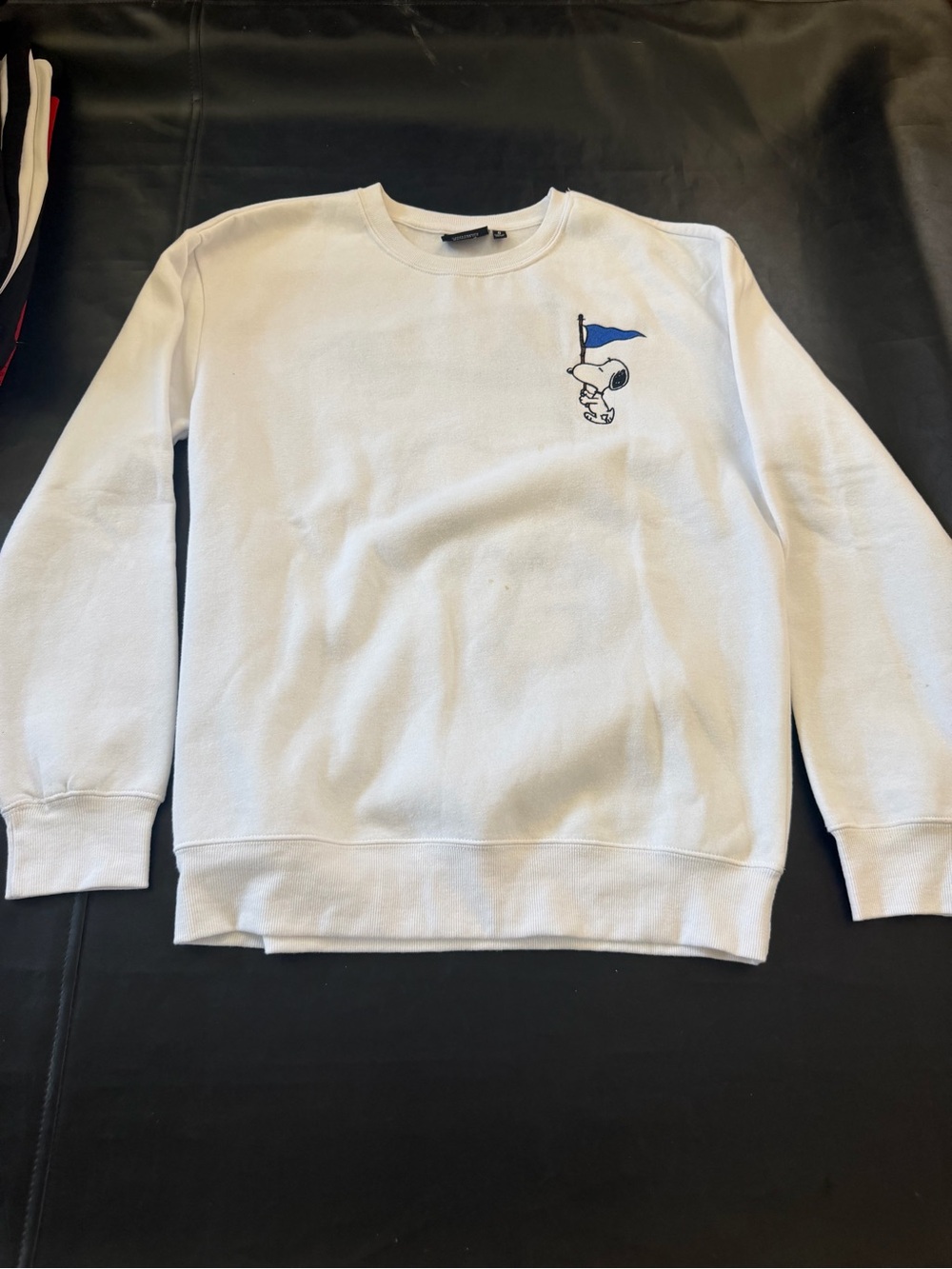 Peanuts White Crewneck Sweatshirt with Blue Snoopy Flag